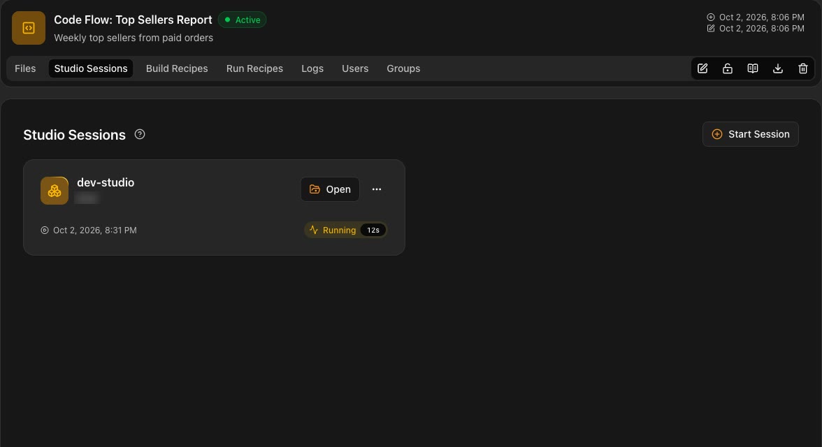 Studio Sessions for the Top Sellers Report Code Flow: a dev-studio session is running, with an Open button and a Start Session button.